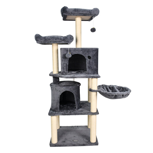 Jespet 60" Multi-Level Cat Tree Tower & Condo - Large Faux Fur Activity Center with Scratching Posts, Hammock & Perch for Indoor Cats (Dark Grey)