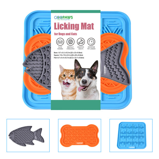 GOOPAWS Dog Licking Mat 3-Pack with Suction Cups - Slow Feeder & Anxiety Relief Pad for Grooming, Bathing & Training (Orange/Gray/Blue)