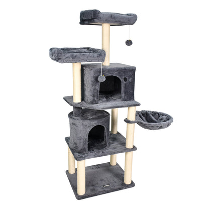 Jespet 60" Multi-Level Cat Tree Tower & Condo - Large Faux Fur Activity Center with Scratching Posts, Hammock & Perch for Indoor Cats (Dark Grey)