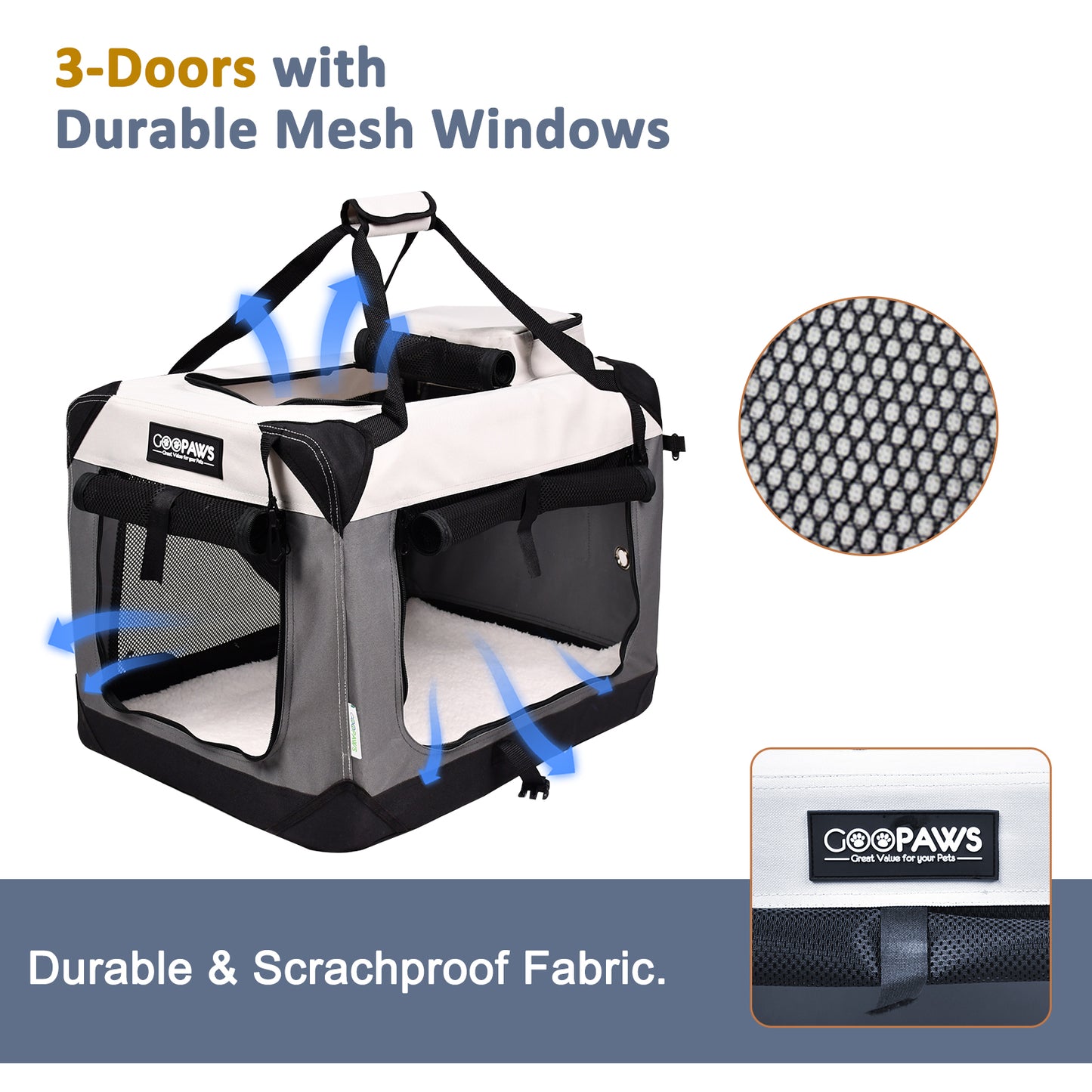 Jespet GooPaws 30" Soft Dog Crate (Light Grey) | Modern 3-Door Folding Kennel for Home & Travel