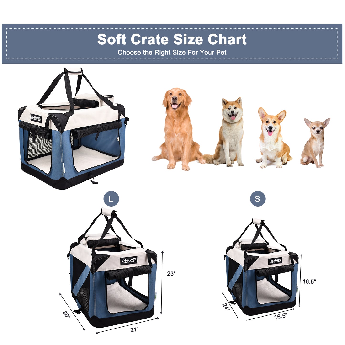 Jespet GooPaws 30" Soft Dog Crate | Portable 3-Door Travel Kennel for Medium Dogs | Lake Blue