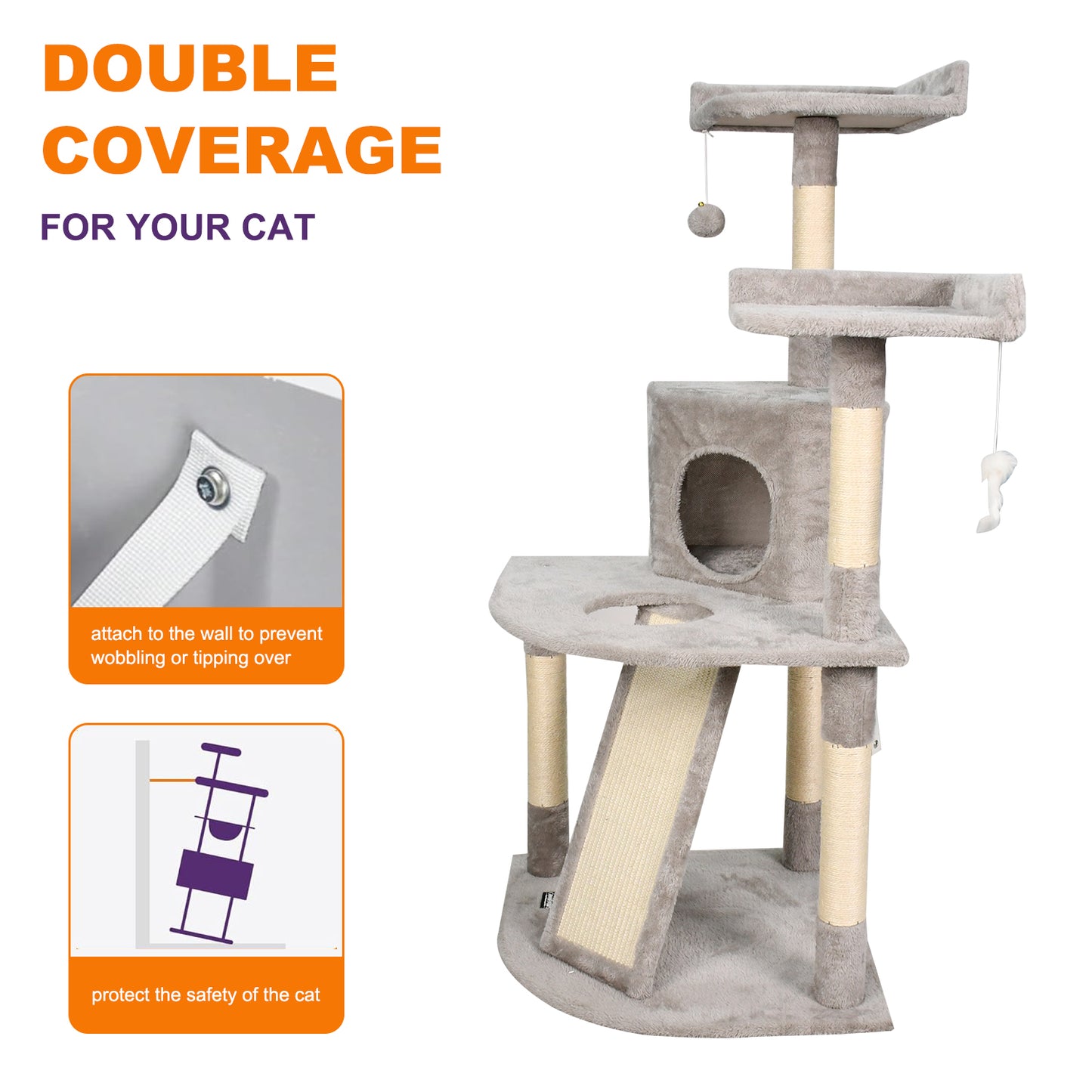 Goopaws 50" Multi-Level Cat Tree Tower with Condo & Scratching Posts - Grey Faux Fur - Catpick