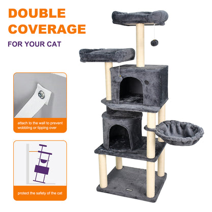 Jespet 60" Multi-Level Cat Tree Tower & Condo - Large Faux Fur Activity Center with Scratching Posts, Hammock & Perch for Indoor Cats (Dark Grey)