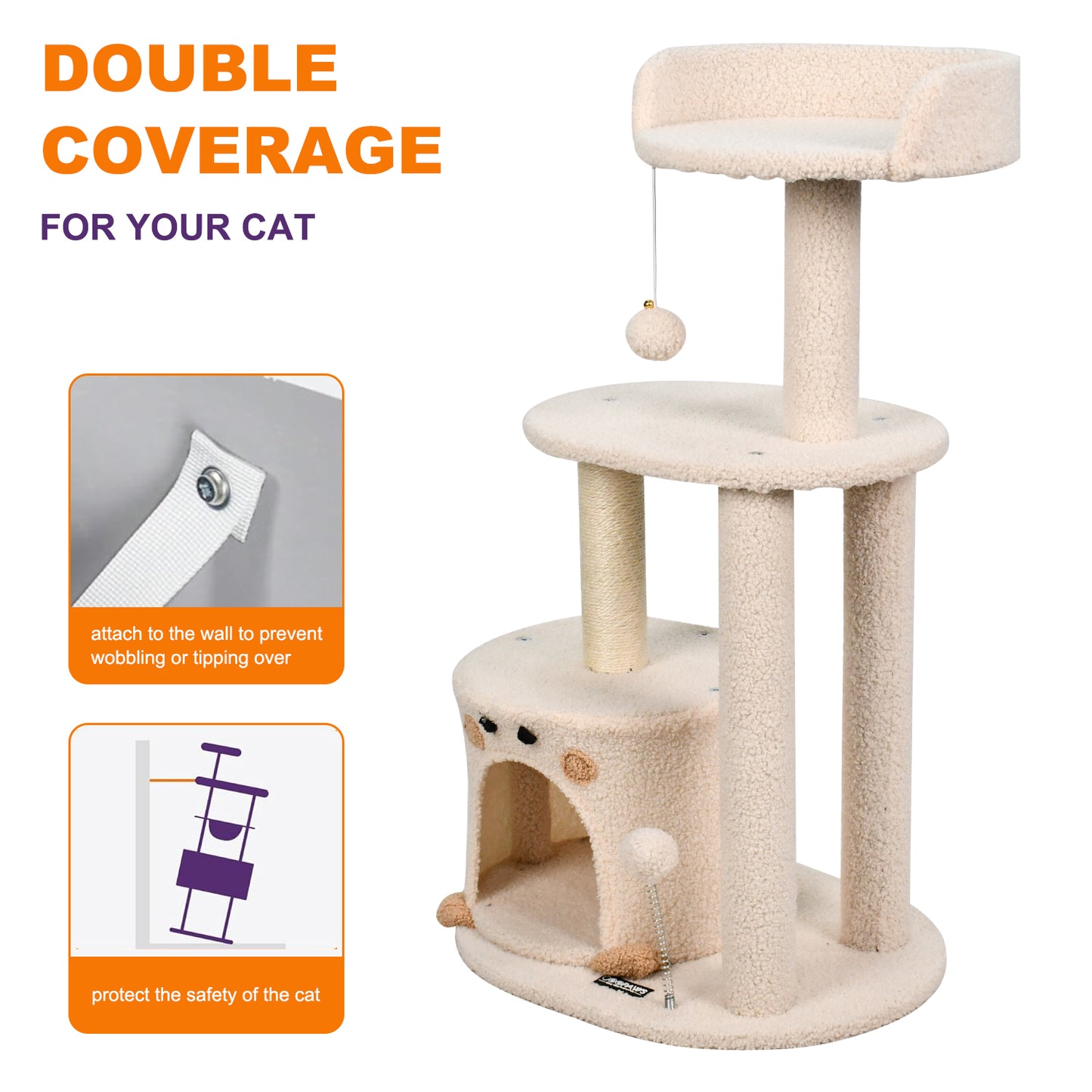 34" Cat Tree Tower with Condo & Plush Perch - Cream | Durable Scratching Post for Small & Medium Cats