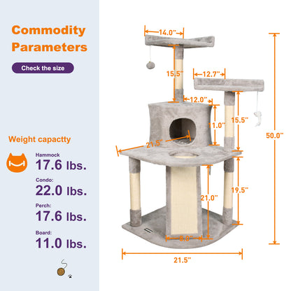 Goopaws 50" Multi-Level Cat Tree Tower with Condo & Scratching Posts - Grey Faux Fur - Catpick