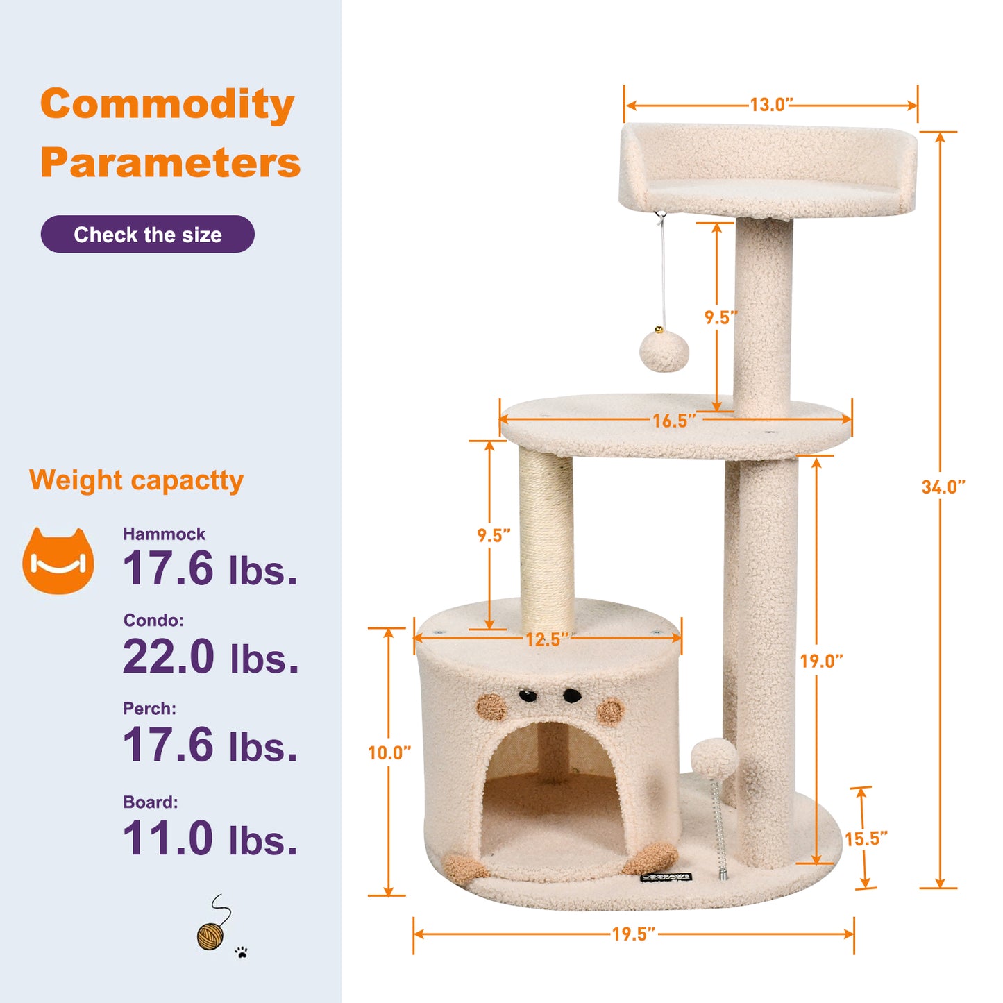 34" Cat Tree Tower with Condo & Plush Perch - Cream | Durable Scratching Post for Small & Medium Cats