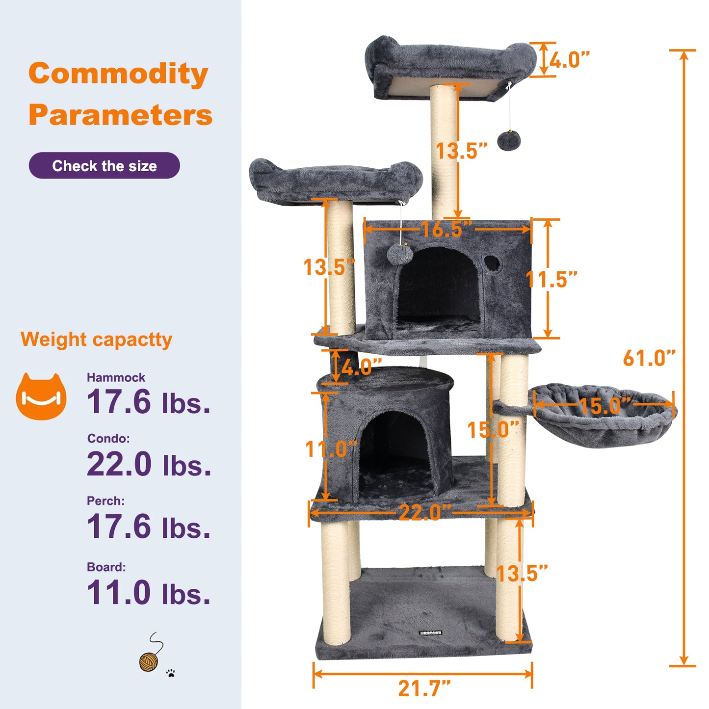 Jespet 60" Multi-Level Cat Tree Tower & Condo - Large Faux Fur Activity Center with Scratching Posts, Hammock & Perch for Indoor Cats (Dark Grey)