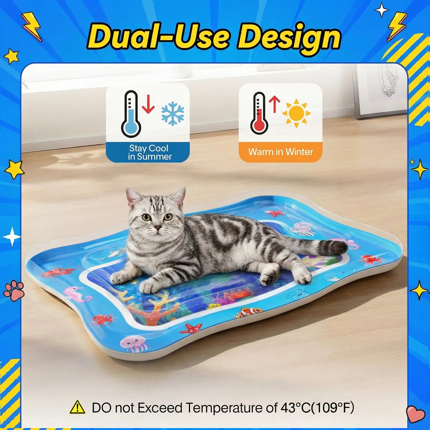 Catpick Cat Water Play Mat—Water Bed with Floating Fish, Foldable Water Play Mat, 0.7mm Thickened PVC, 17 x 25 inches
