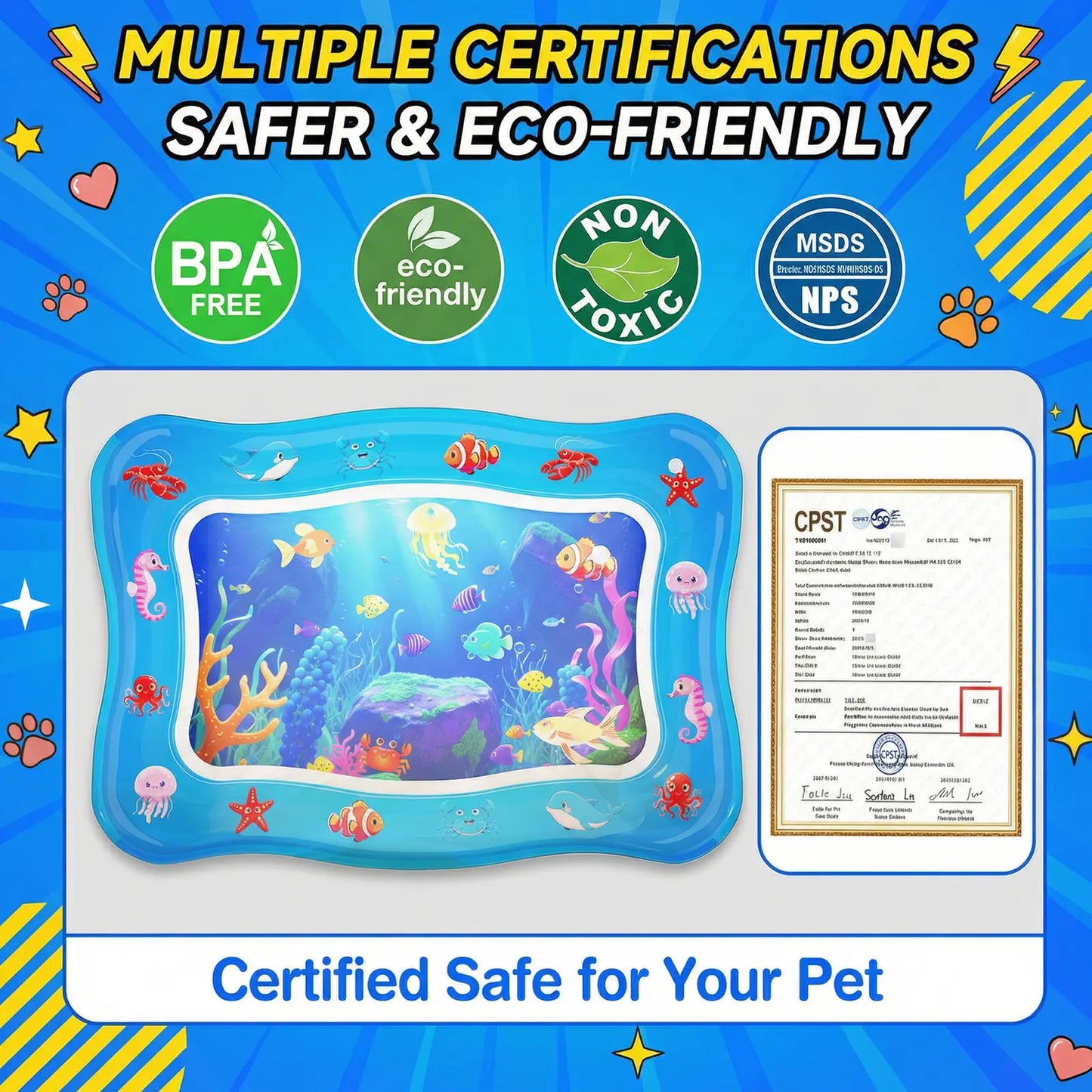 Catpick Cat Water Play Mat—Water Bed with Floating Fish, Foldable Water Play Mat, 0.7mm Thickened PVC, 17 x 25 inches
