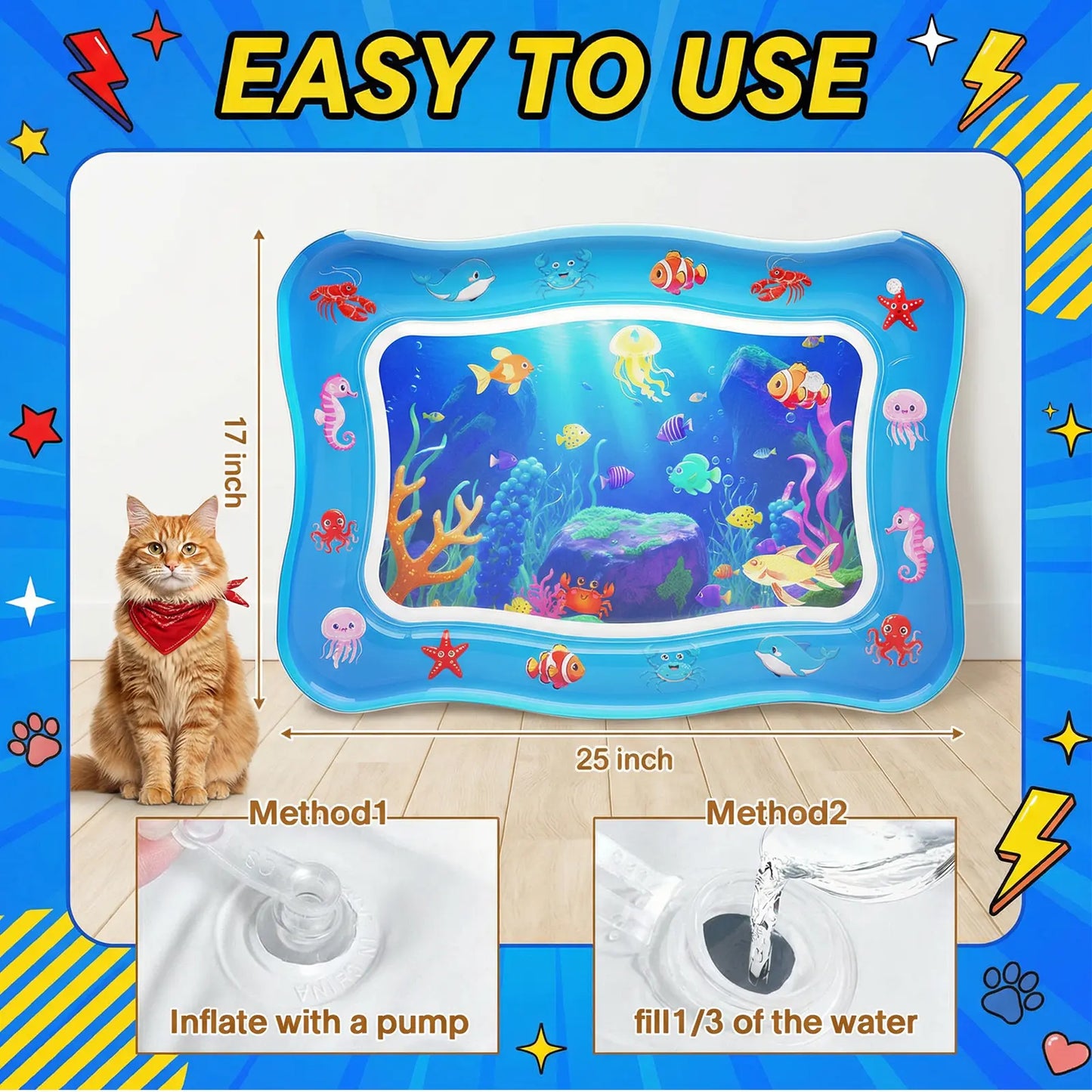 Catpick Cat Water Play Mat—Water Bed with Floating Fish, Foldable Water Play Mat, 0.7mm Thickened PVC, 17 x 25 inches